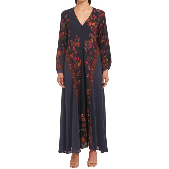 MES DEMOISELLES Digitale floral silk kaftan boho midi dress blue black Size 34 2 - Picture 3 of 7